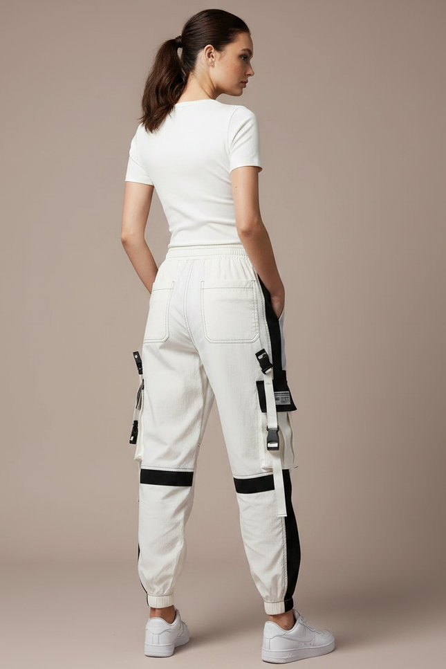 Pantalon Parachute Blanc Cargo Bicolore Techwear Femme Y2K - Toile - vue 2