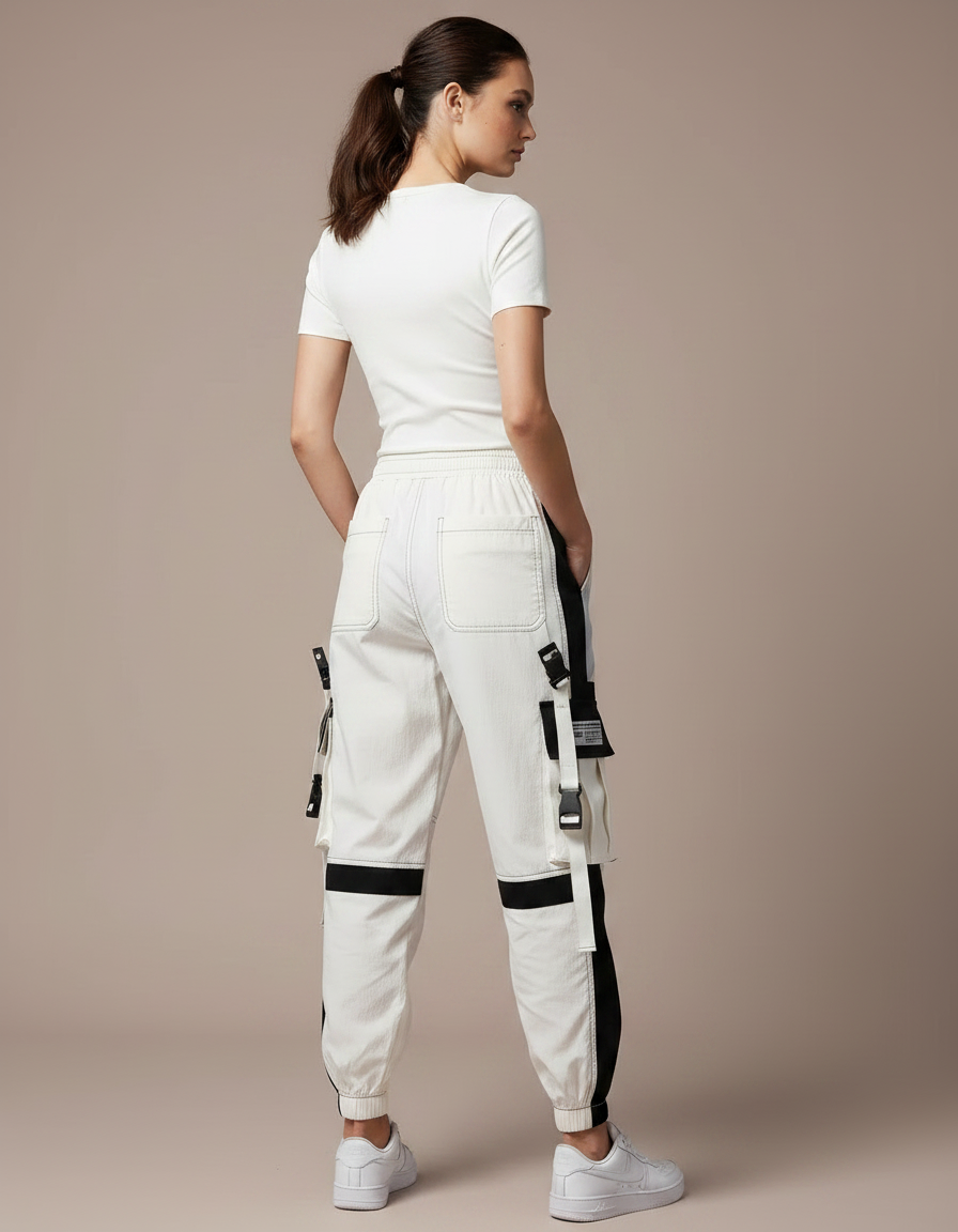 Pantalon Parachute Blanc Cargo Bicolore Techwear Femme Y2K - Toile - vue 2