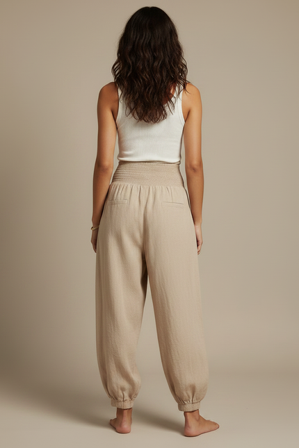 Pantalon Parachute Beige Ample Smocké Fluide Femme - Lin - vue 2