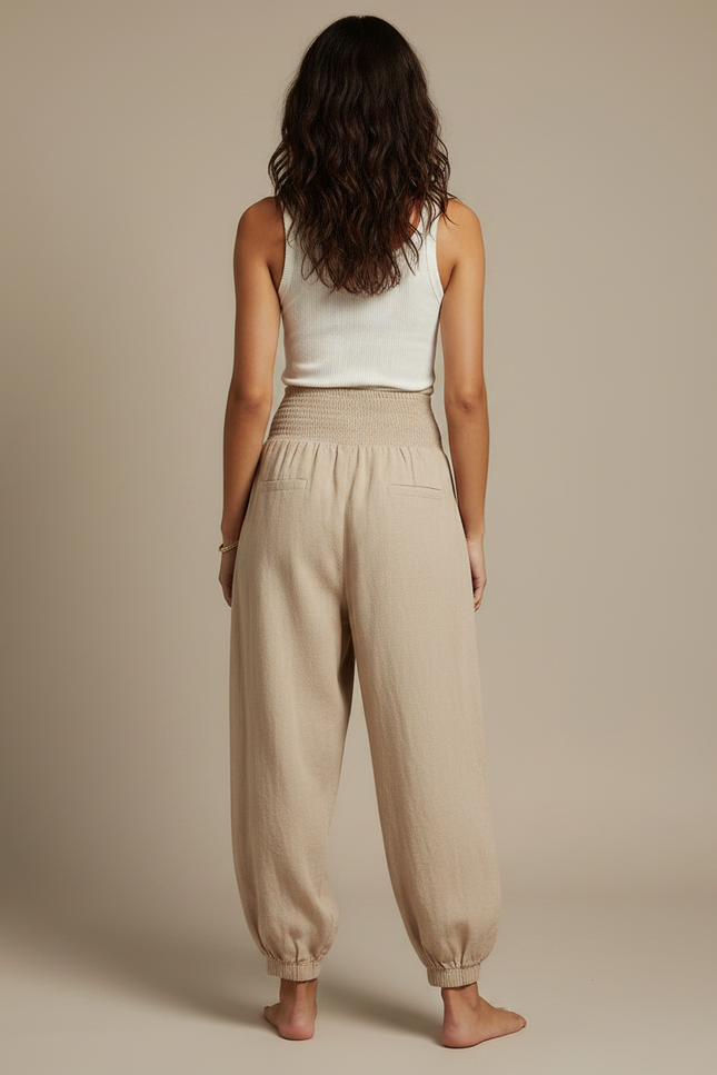 Pantalon Parachute Beige Ample Smocké Fluide Femme - Lin - vue 2