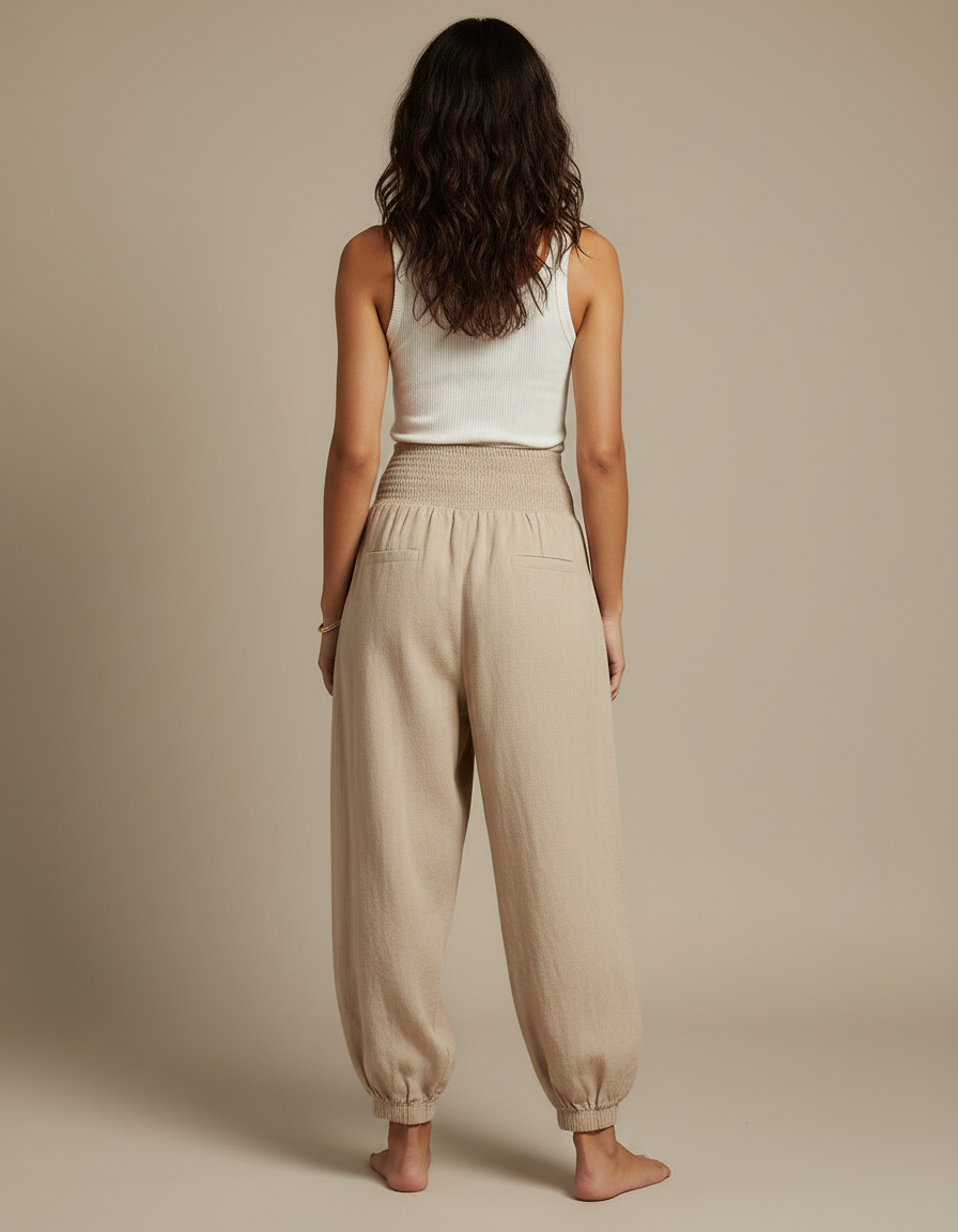 Pantalon Parachute Beige Ample Smocké Fluide Femme - Lin - vue 2