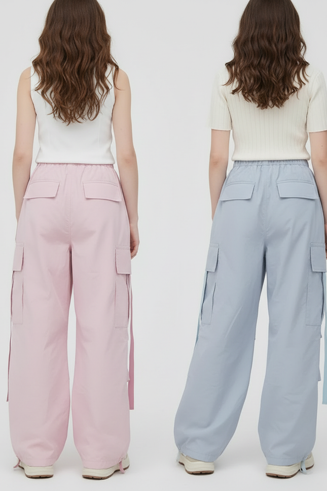 Pantalon Parachute Rose Bleu Ample Cargo Fille - Polyester - vue 2