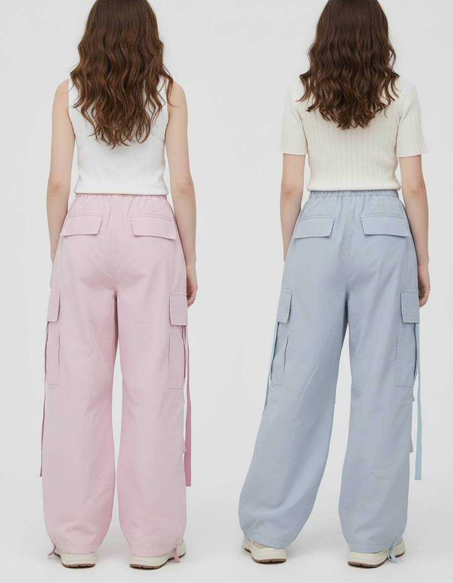 Pantalon Parachute Rose Bleu Ample Cargo Fille - Polyester - vue 2