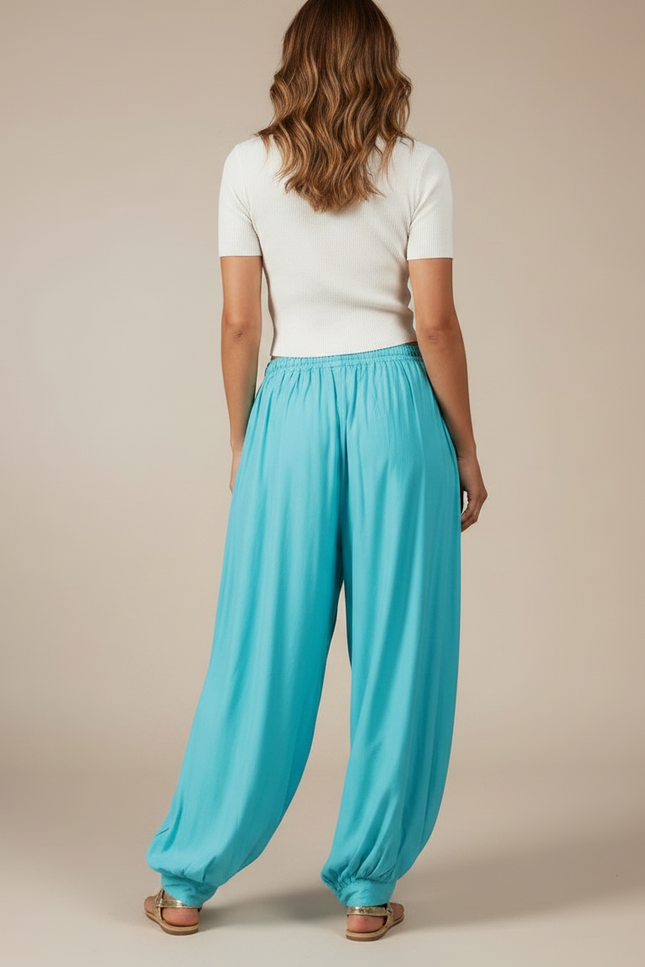 Pantalon Parachute Turquoise Fluide Ample Cheville Plissé - Bleu Viscose - vue 2