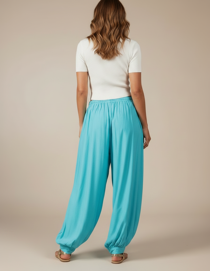 Pantalon Parachute Turquoise Fluide Ample Cheville Plissé - Bleu Viscose - vue 2
