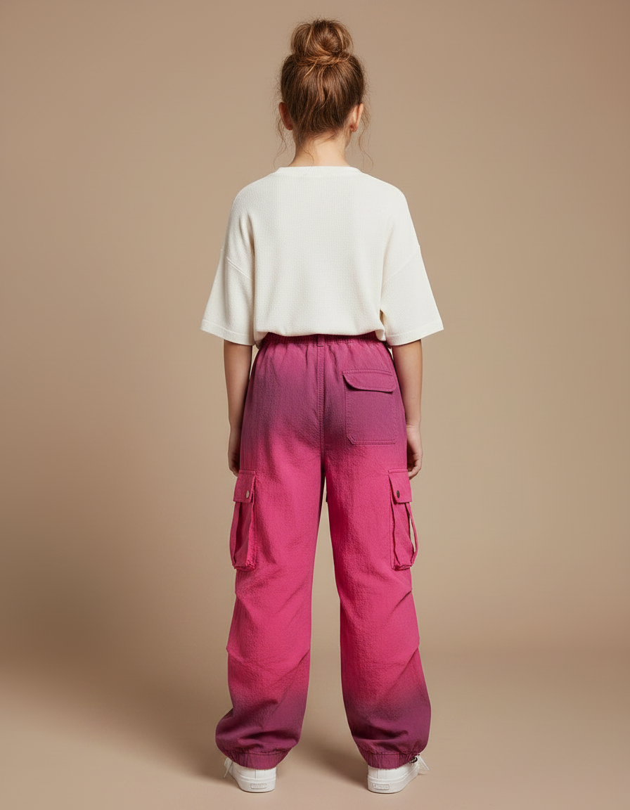 Pantalon Parachute Rose Dégradé Cargo Ample Enfant - Polyester - vue 2