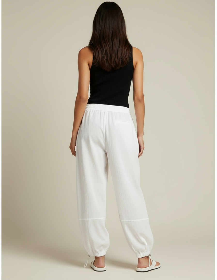 Pantalon Parachute Blanc Ample Cordon Fluide Femme - Coton - vue 2