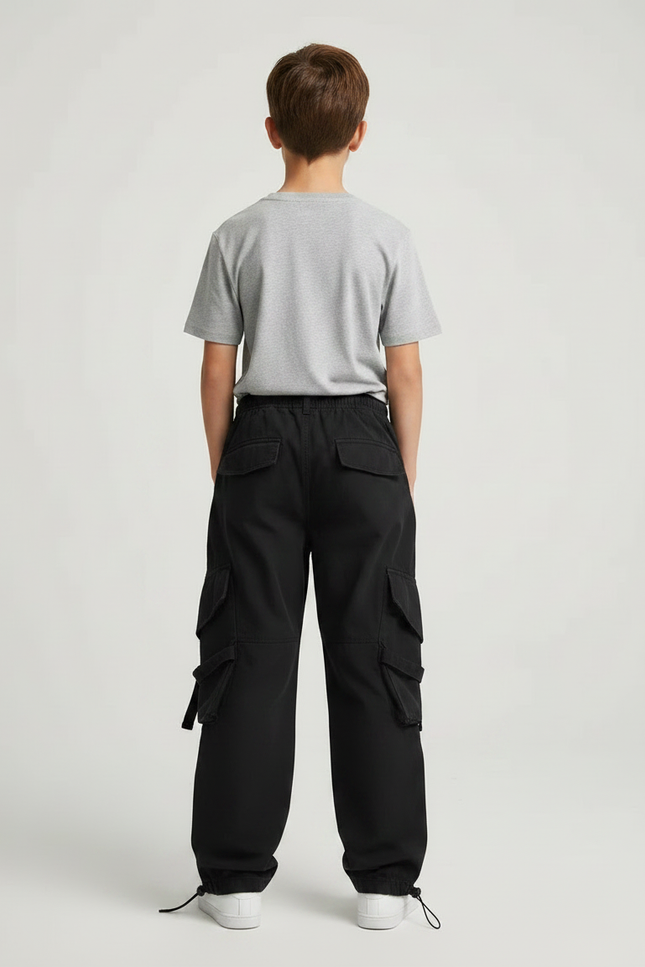 Pantalon Parachute Noir Cargo Cordon Ample Jeune - Toile - vue 2
