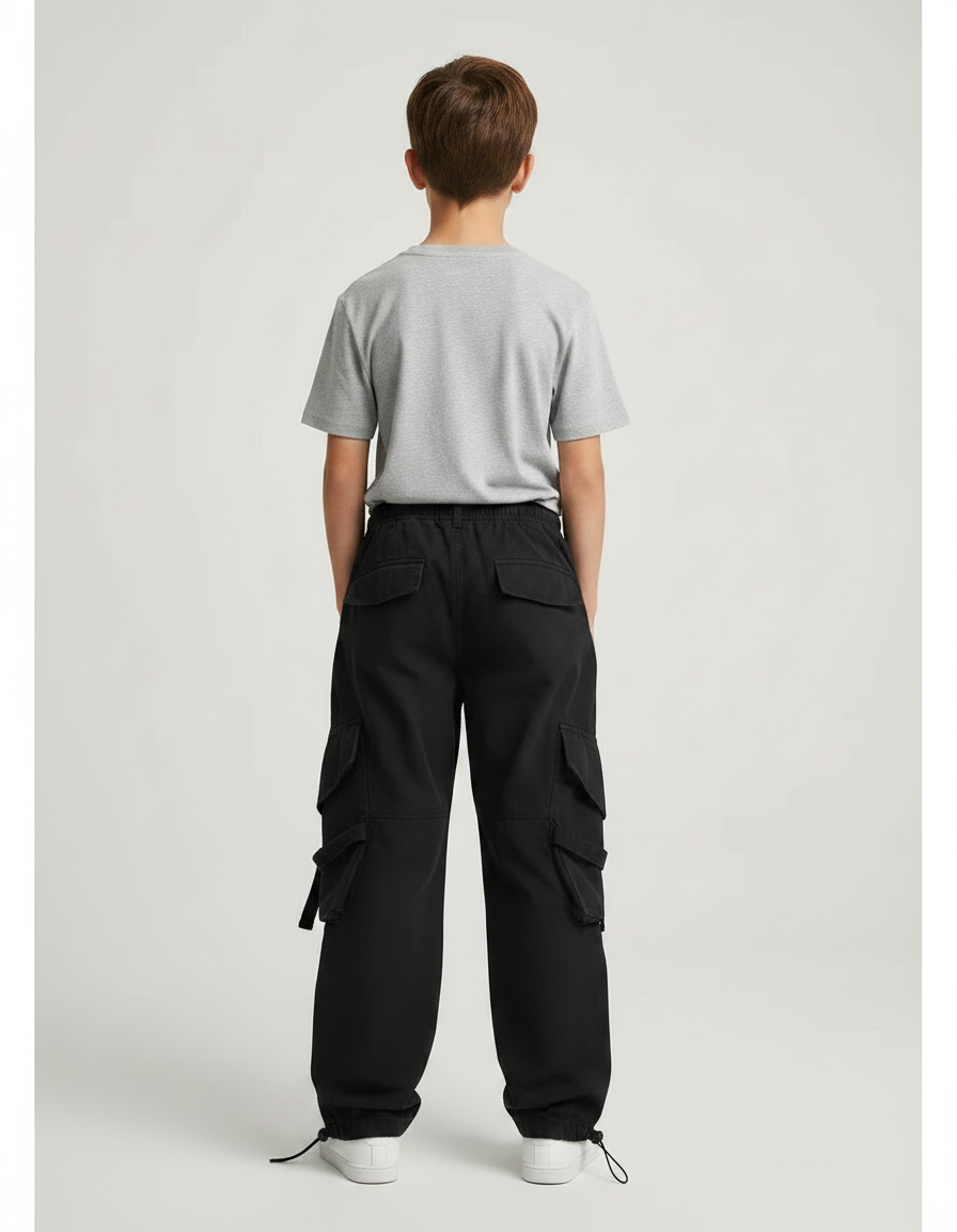 Pantalon Parachute Noir Cargo Cordon Ample Jeune - Toile - vue 2
