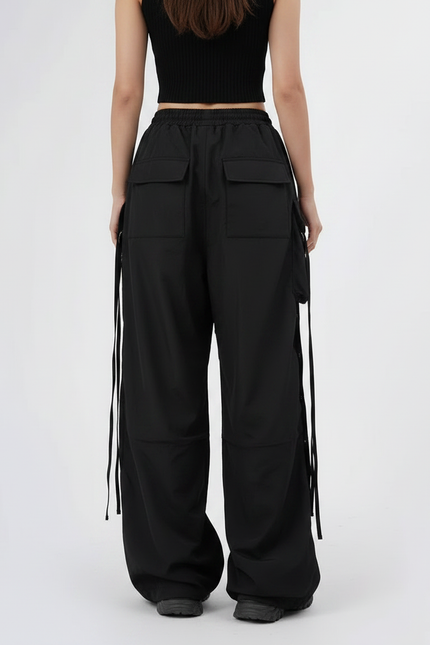Pantalon Parachute Noir Cargo Ample Femme Rubans - Polyester - vue 2