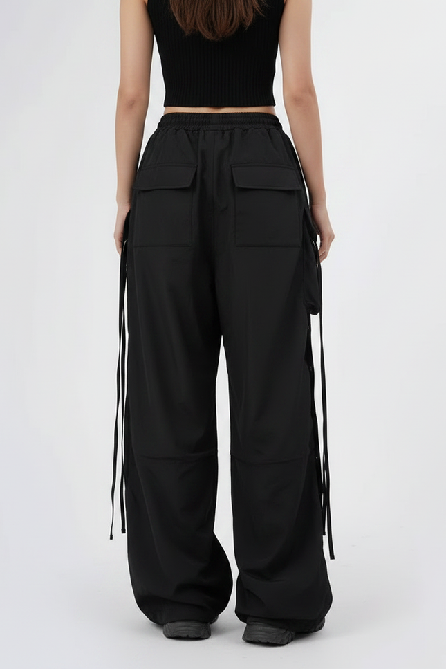 Pantalon Parachute Noir Cargo Ample Femme Rubans - Polyester - vue 2