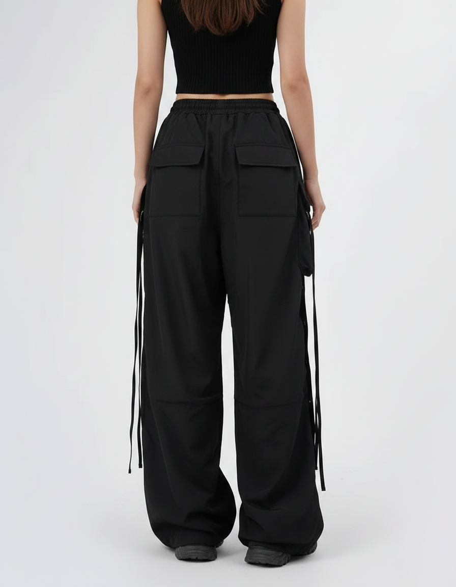 Pantalon Parachute Noir Cargo Ample Femme Rubans - Polyester - vue 2