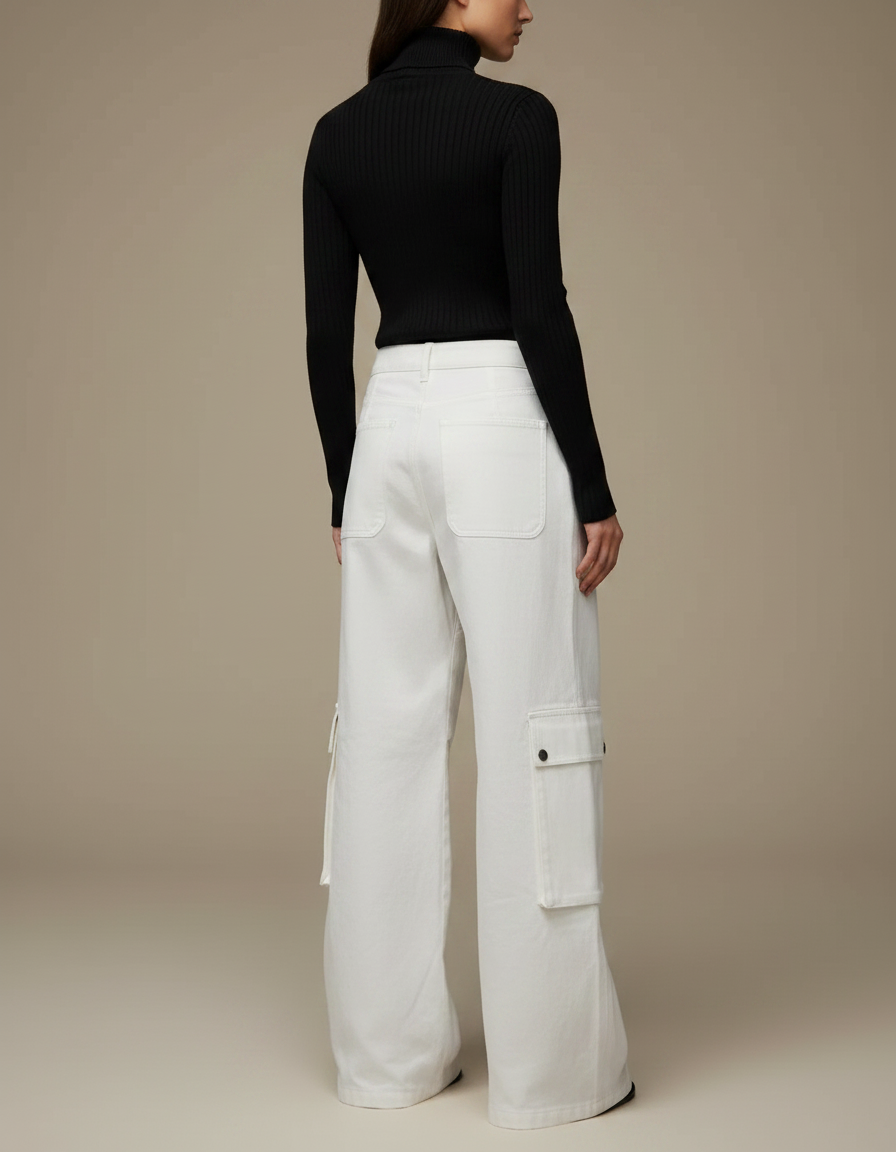 Pantalon Parachute Blanc Cargo Ample Coton Femme - vue 2