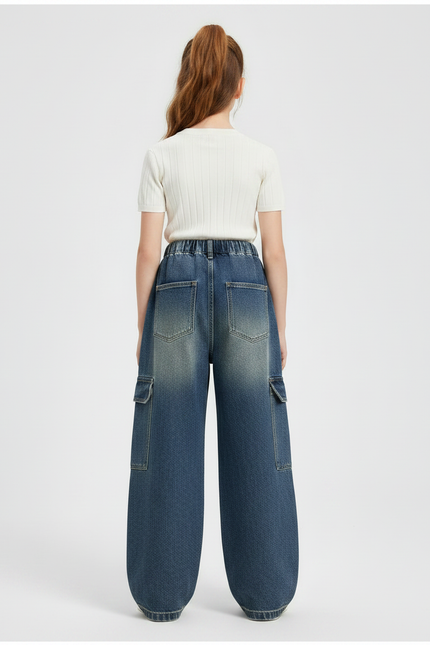 Pantalon Parachute Denim Ample Cargo Fille - Bleu Jean - vue 2