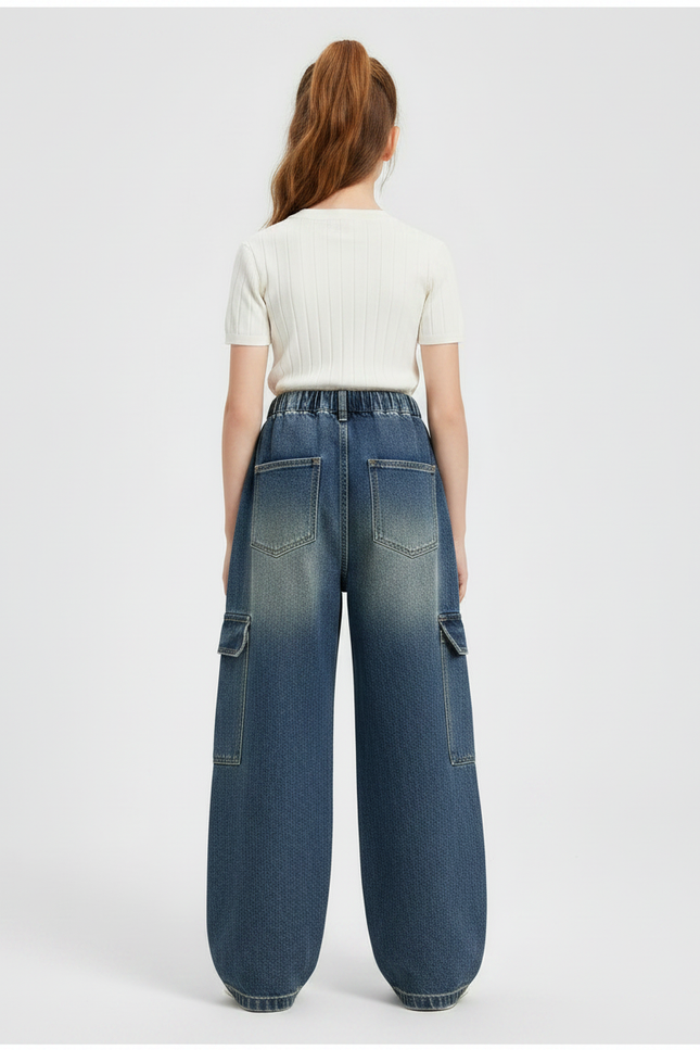 Pantalon Parachute Denim Ample Cargo Fille - Bleu Jean - vue 2