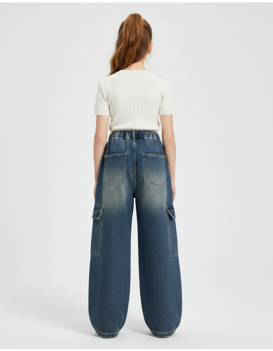 Pantalon Parachute Denim Ample Cargo Fille - Bleu Jean - vue 2