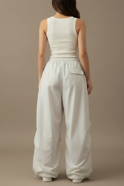 Pantalon Parachute Beige Ample Cargo Cordon Fluide - Polyester - vue 2
