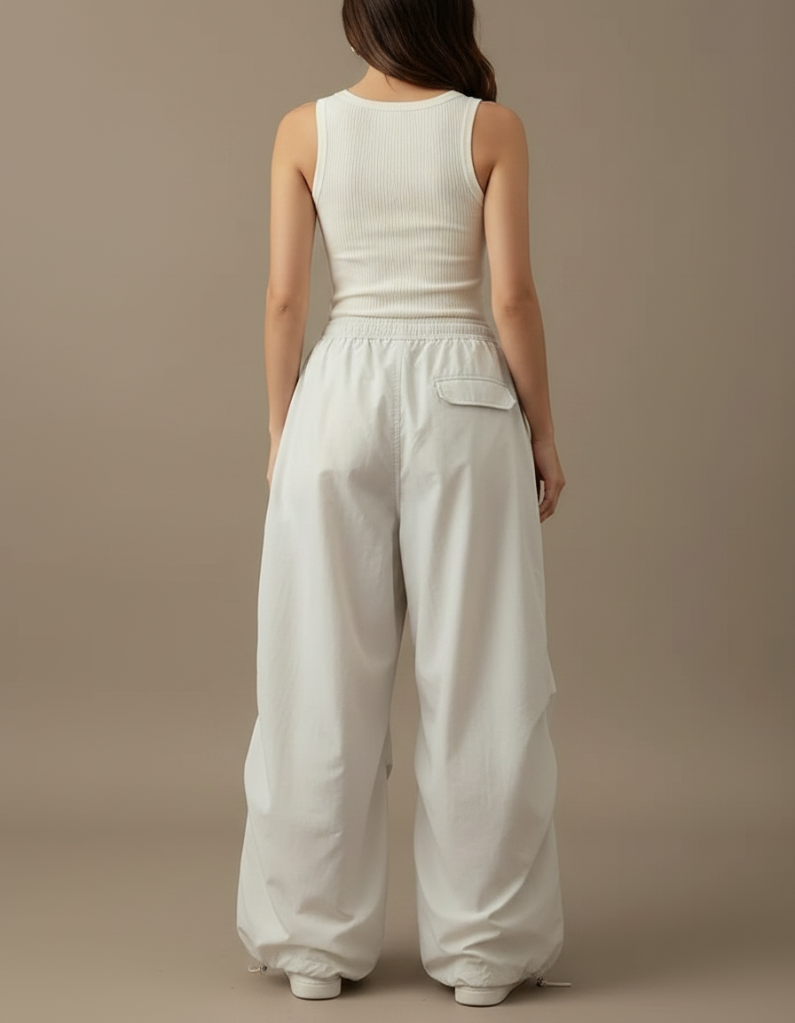Pantalon Parachute Beige Ample Cargo Cordon Fluide - Polyester - vue 2