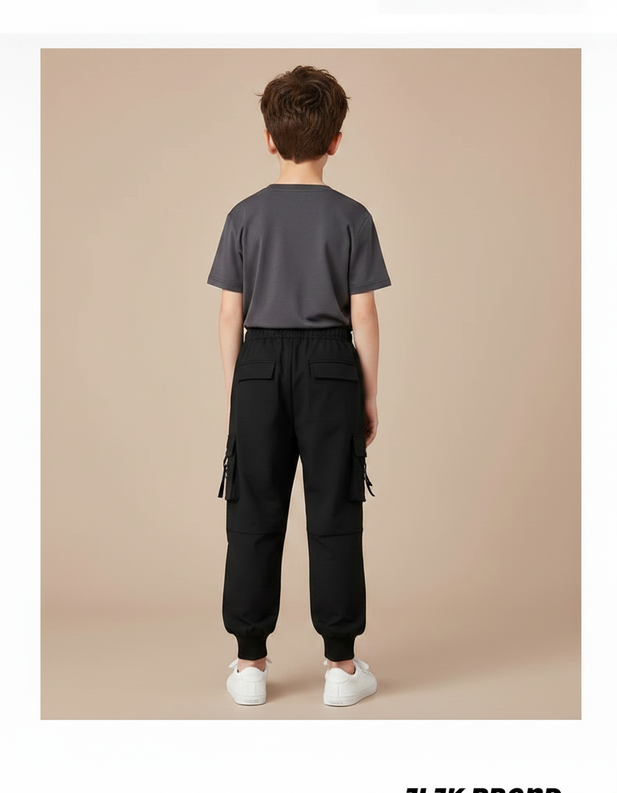 Pantalon Parachute Noir Cargo Ample Cordon Enfant - Polyester - vue 2