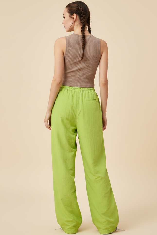 Pantalon Parachute Vert Citron Ample Fluide Cordon Streetwear - Polyester - vue 2