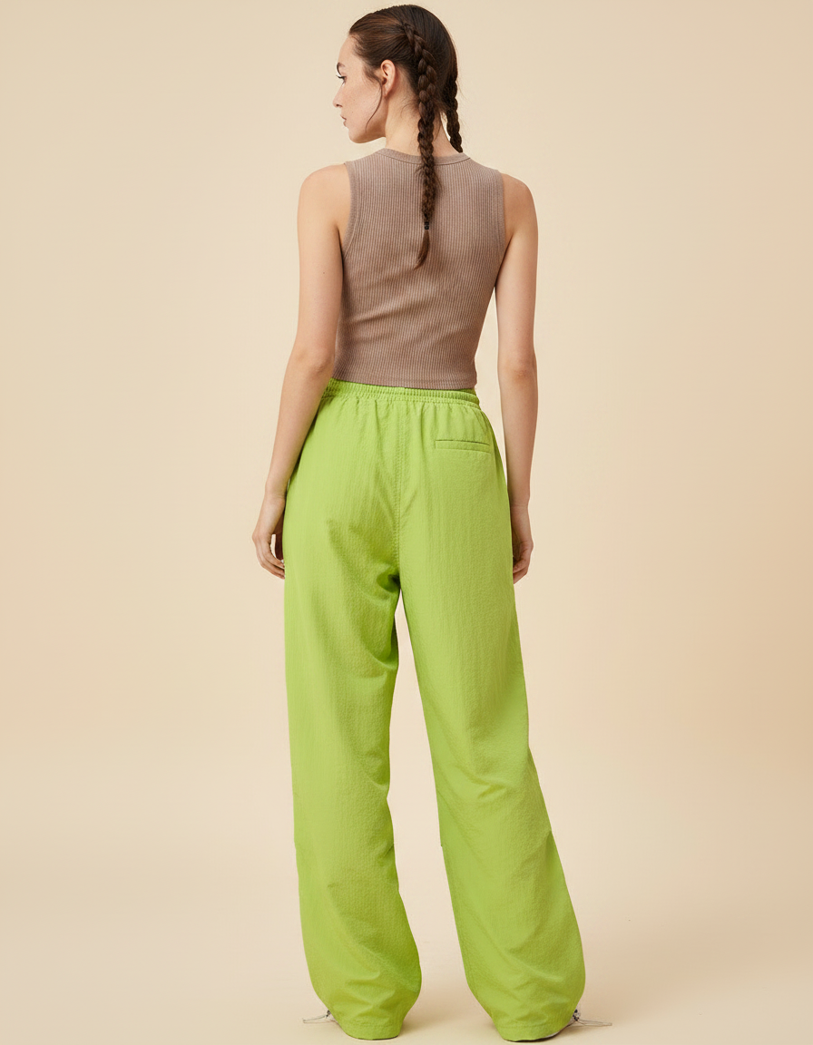 Pantalon Parachute Vert Citron Ample Fluide Cordon Streetwear - Polyester - vue 2