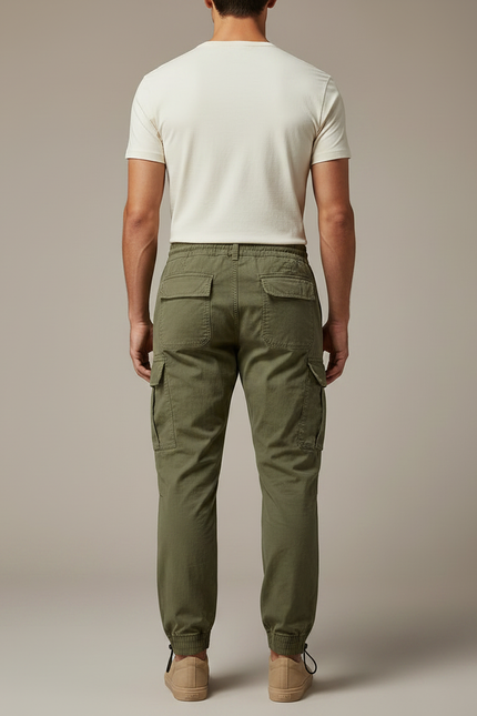 Pantalon Parachute Vert Cargo Cordon Jogger Homme - Kaki Toile - vue 2