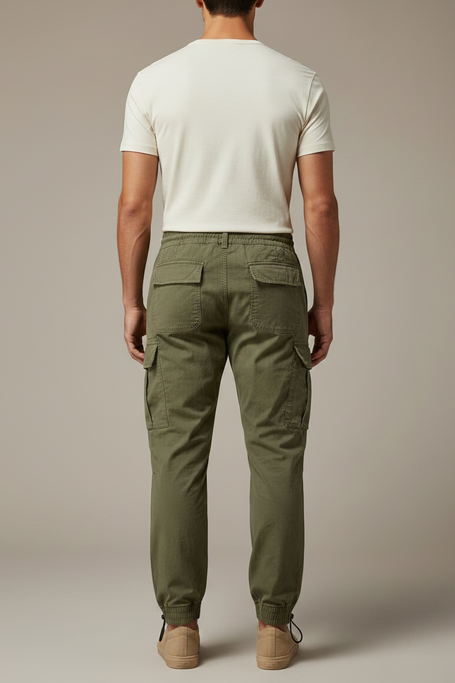 Pantalon Parachute Vert Cargo Cordon Jogger Homme - Kaki Toile - vue 2