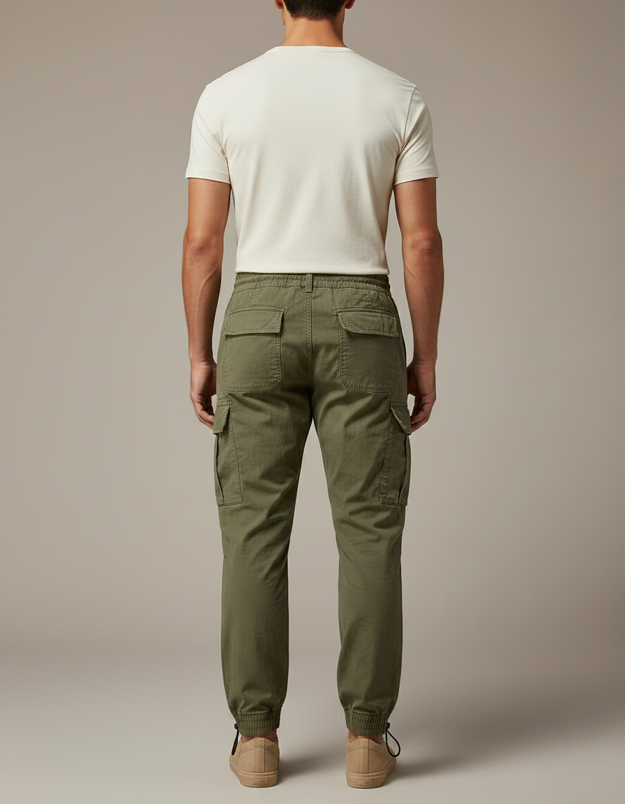 Pantalon Parachute Vert Cargo Cordon Jogger Homme - Kaki Toile - vue 2