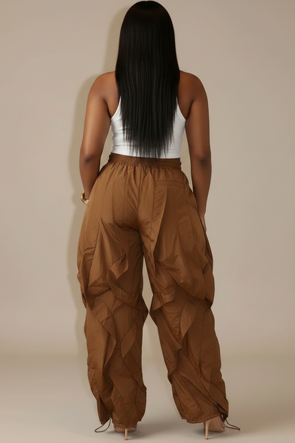 Pantalon Parachute Marron Ample Froncé Cordon Femme - Polyester - vue 2