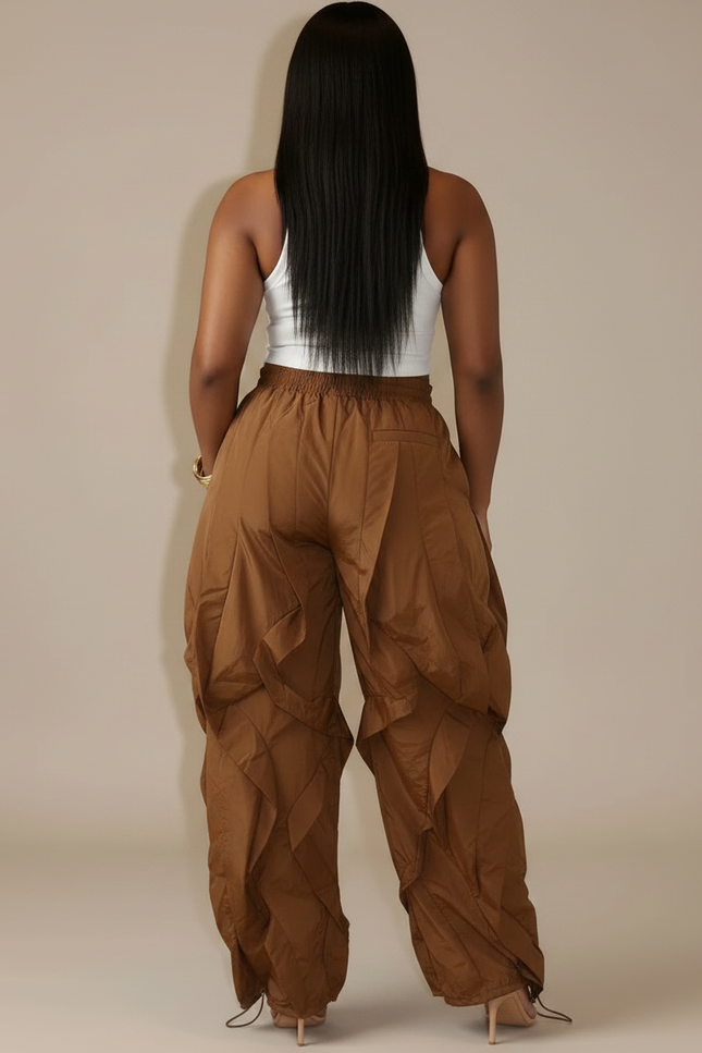 Pantalon Parachute Marron Ample Froncé Cordon Femme - Polyester - vue 2
