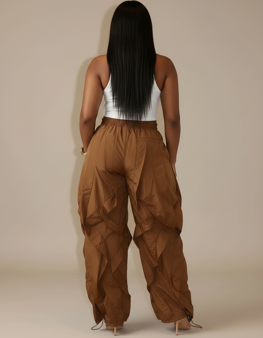 Pantalon Parachute Marron Ample Froncé Cordon Femme - Polyester - vue 2