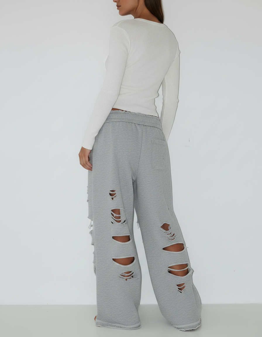 Pantalon Parachute Gris Ample Détruit Décontracté Femme - Molleton - vue 2