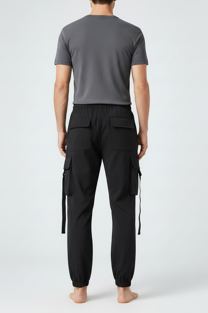 Pantalon Parachute Noir Cargo Multipoches Jogger Homme - Polyester - vue 2
