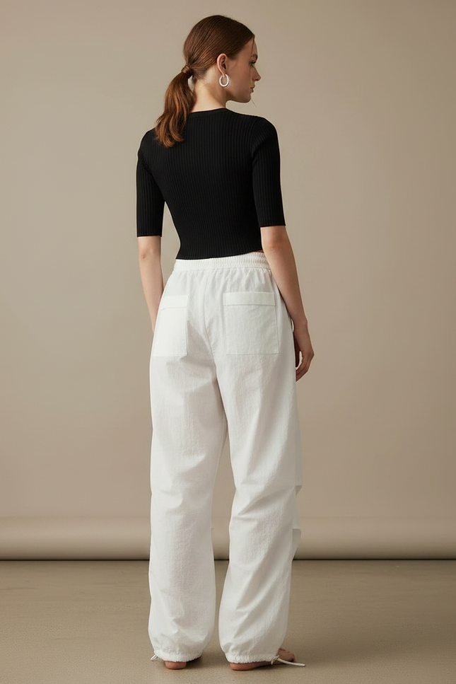 Pantalon Parachute Blanc Ample Fluide Cordon Streetwear Femme - Polyester - vue 2