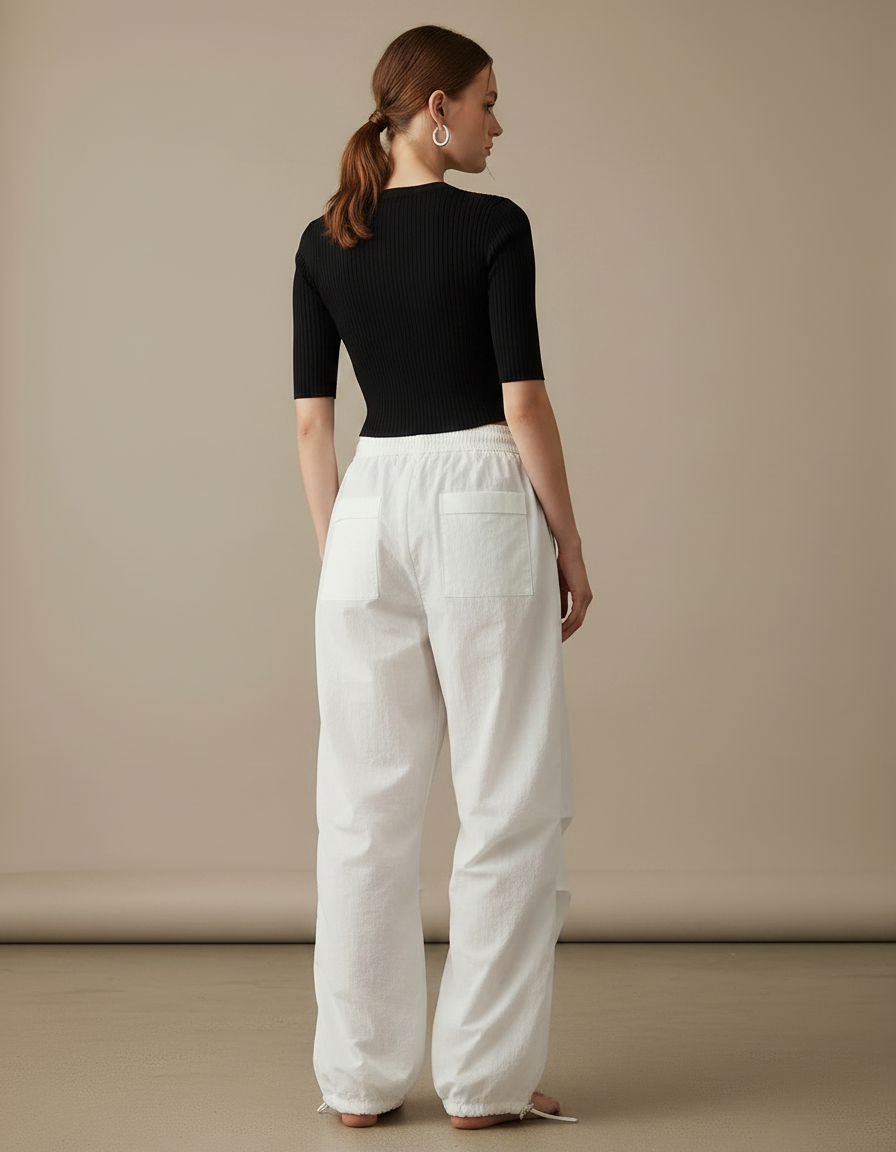 Pantalon Parachute Blanc Ample Fluide Cordon Streetwear Femme - Polyester - vue 2