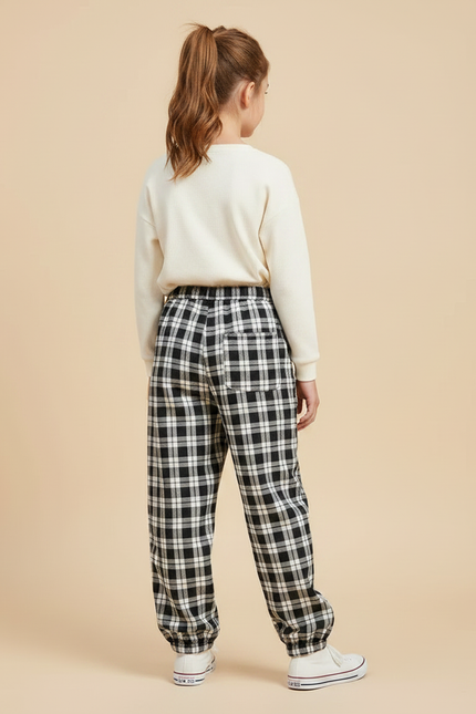 Pantalon Parachute Plaid Noir Ample Décontracté - Coton - vue 2