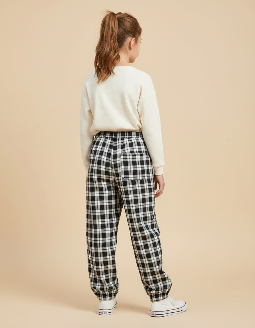 Pantalon Parachute Plaid Noir Ample Décontracté - Coton - vue 2