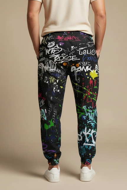 Pantalon Parachute Noir Graffiti Ample Streetwear Homme - Molleton - vue 2
