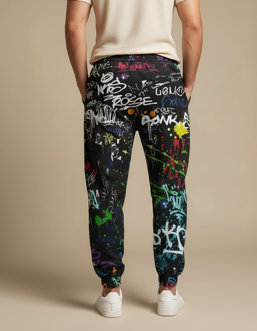 Pantalon Parachute Noir Graffiti Ample Streetwear Homme - Molleton - vue 2