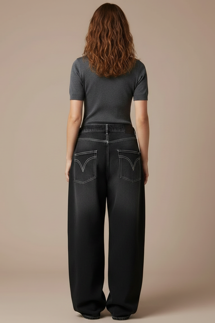 Pantalon Parachute Noir Délavé Imprimé Ample Femme - Jean - vue 2