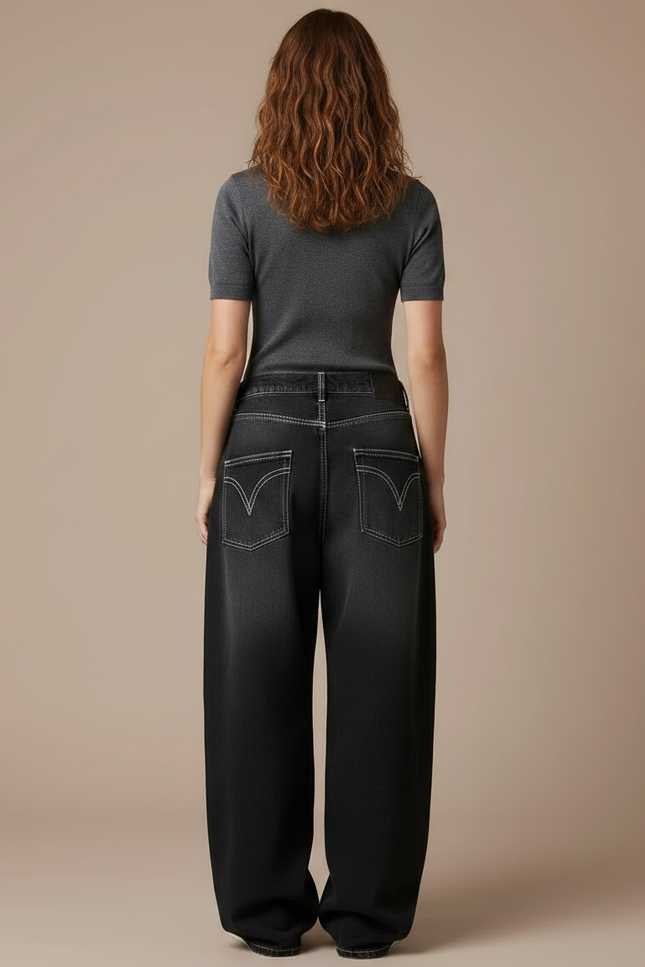 Pantalon Parachute Noir Délavé Imprimé Ample Femme - Jean - vue 2