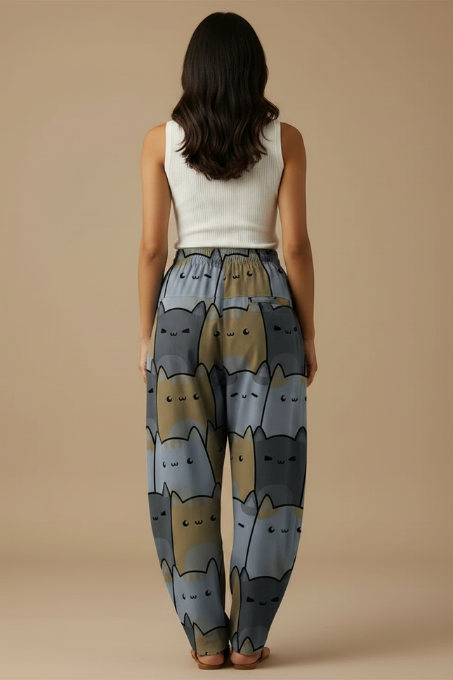 Pantalon Parachute Chats Ample Décontracté Poches - Imprimé Viscose - vue 2
