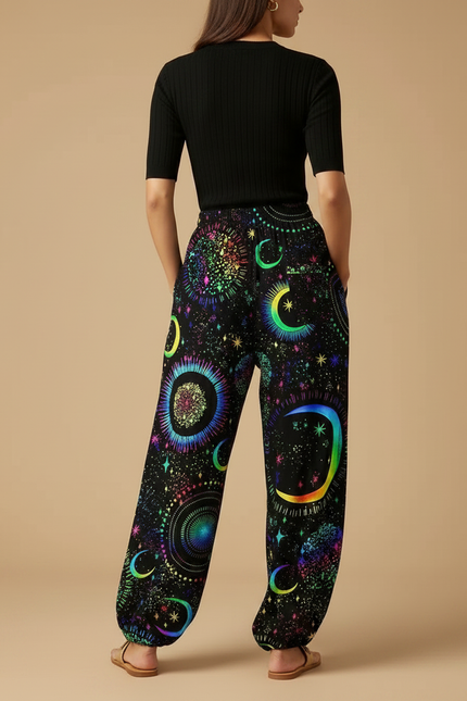 Pantalon Parachute Noir Fluide Astral Imprimé Femme - Multicolore Viscose - vue 2