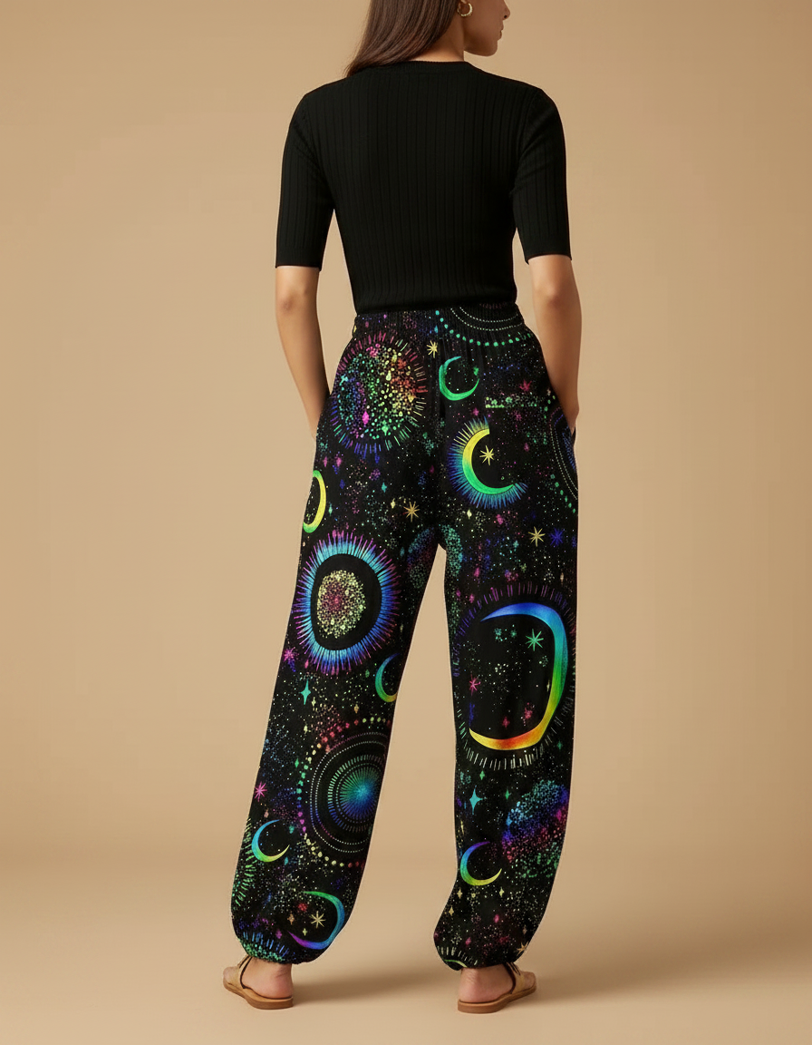 Pantalon Parachute Noir Fluide Astral Imprimé Femme - Multicolore Viscose - vue 2
