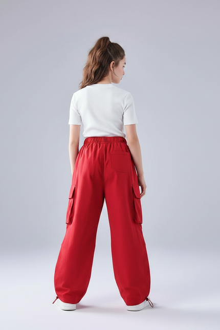 Pantalon Parachute Rouge Cargo Ample Fille Hip Hop - Toile - vue 2