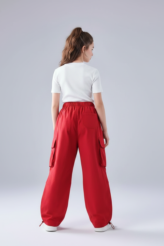 Pantalon Parachute Rouge Cargo Ample Fille Hip Hop - Toile - vue 2