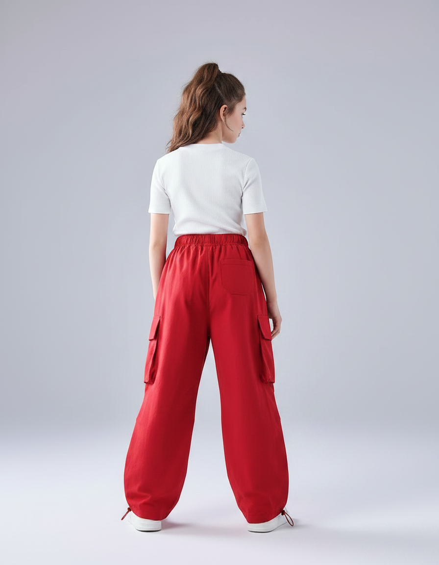 Pantalon Parachute Rouge Cargo Ample Fille Hip Hop - Toile - vue 2
