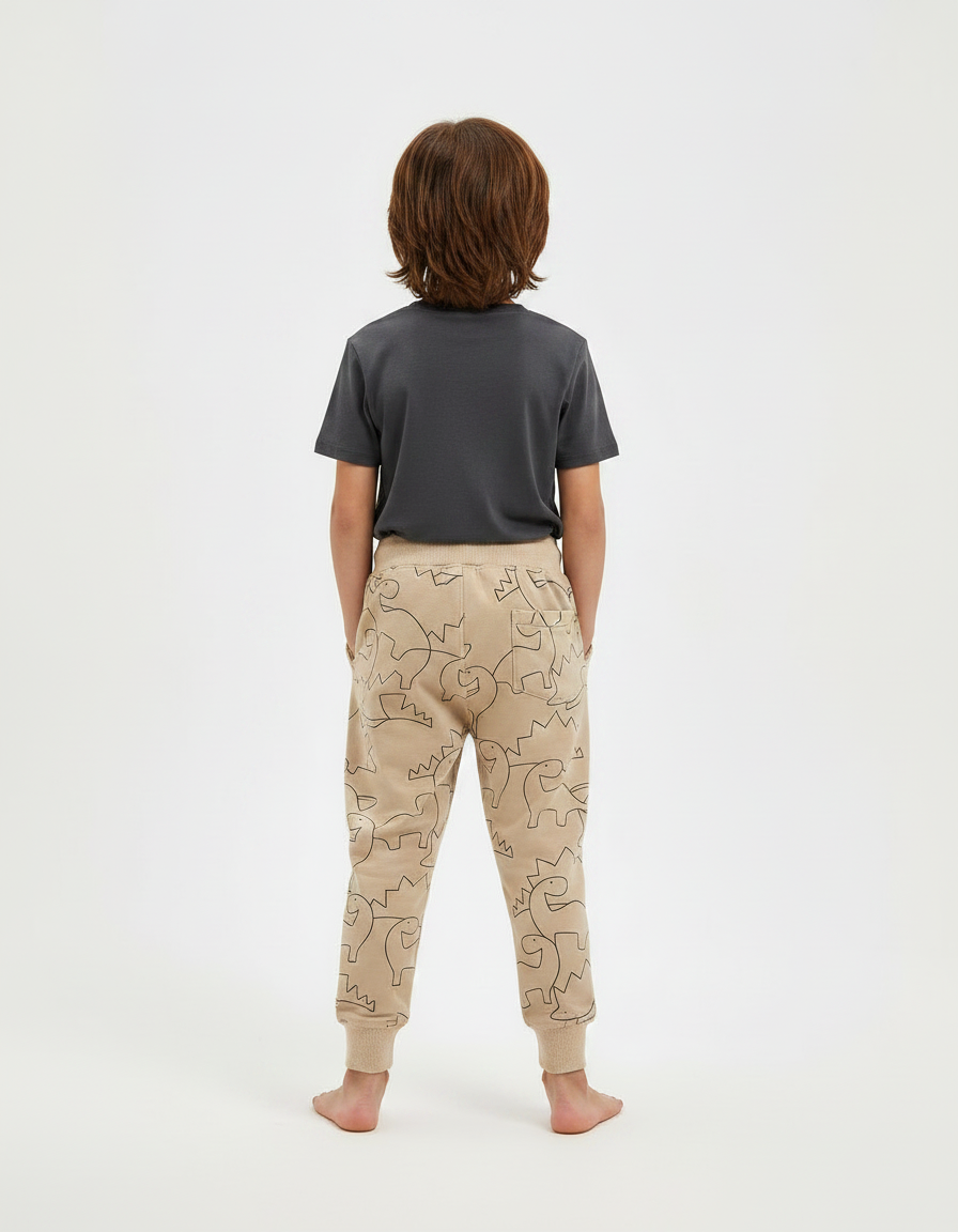 Pantalon Parachute Beige Dinosaure Ample Cordon Enfant - Molleton - vue 2