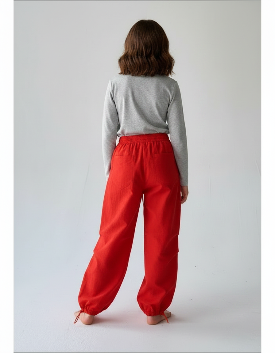 Pantalon Parachute Rouge Fluide Ample Décontracté Femme - Lin - vue 2