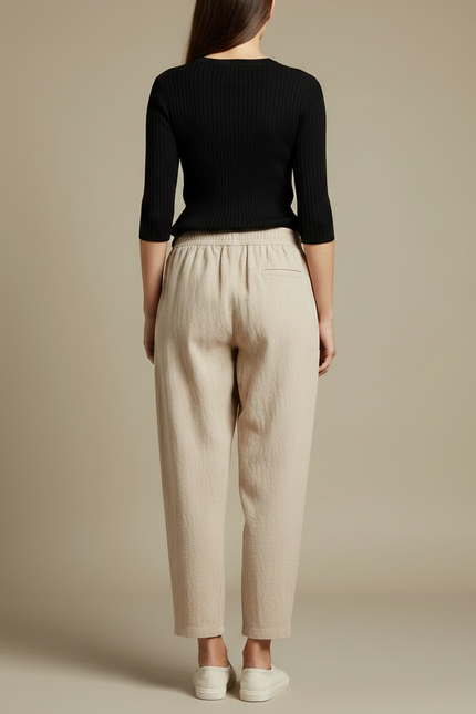Pantalon Parachute Beige Ample Lin Décontracté Taille Élastique - vue 2